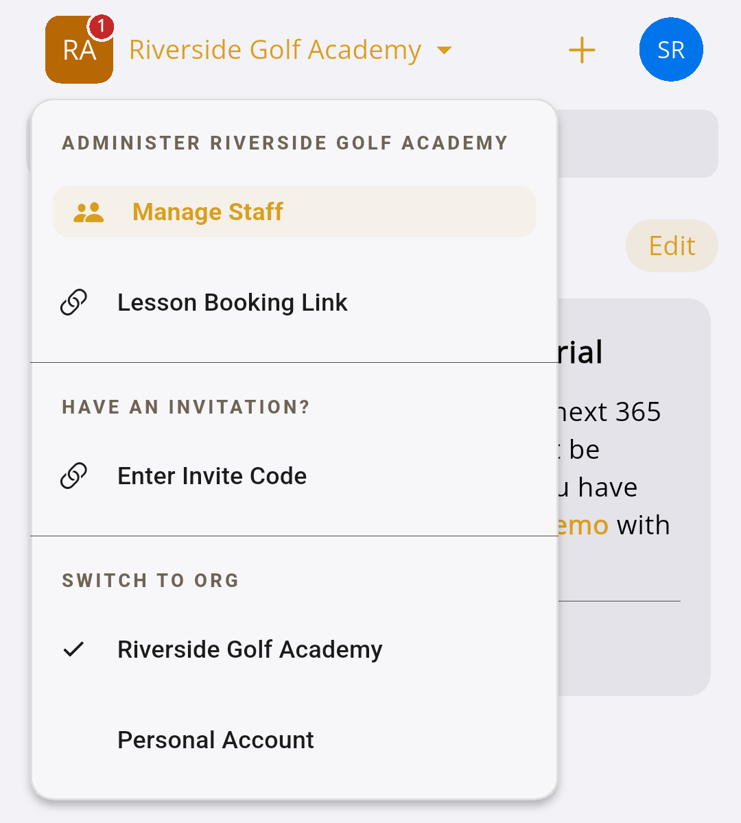 The account menu at the top of Home, with Riverside Golf Academy ticked under Switch to org and Personal Account below it.